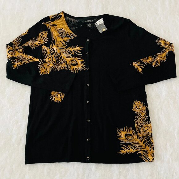 NWT Lane Bryant Womens Black Gold Peacock Feather Embroidery Cardigan Size 18/20 - Picture 1 of 8